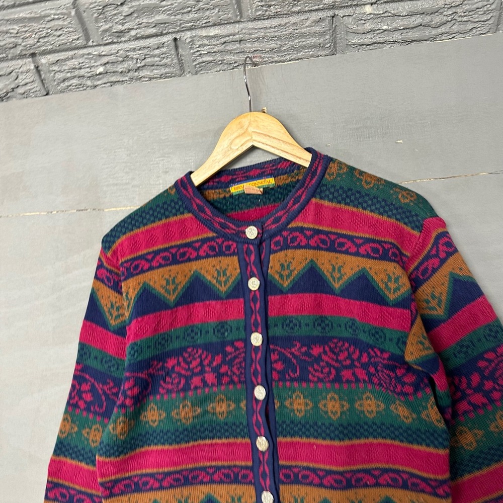 Vintage Bryn Connelly Fair Isle Floral Cardigan Sweater Multicolor Size M 2946